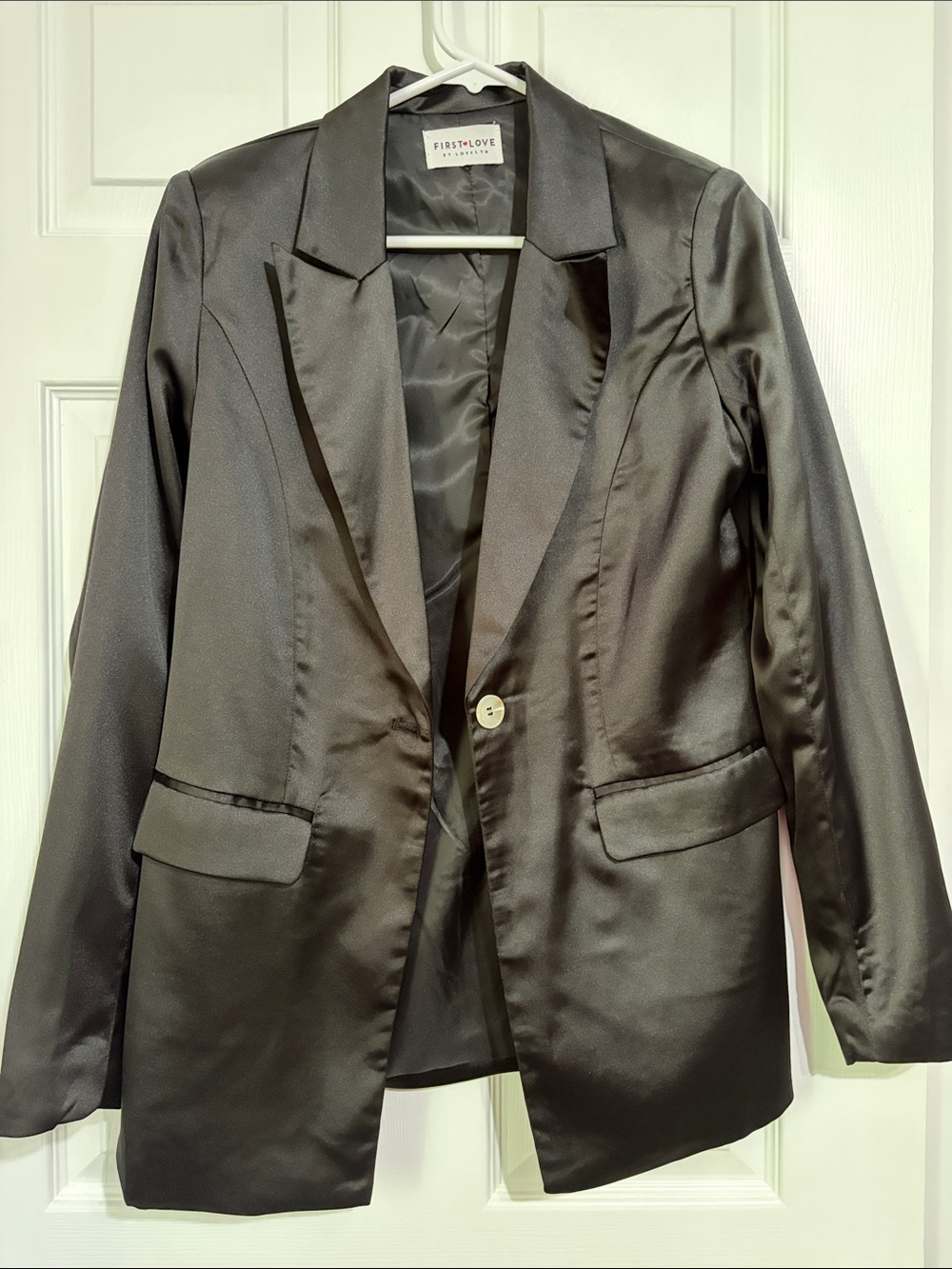 First Love Black Satin Single-Button Blazer